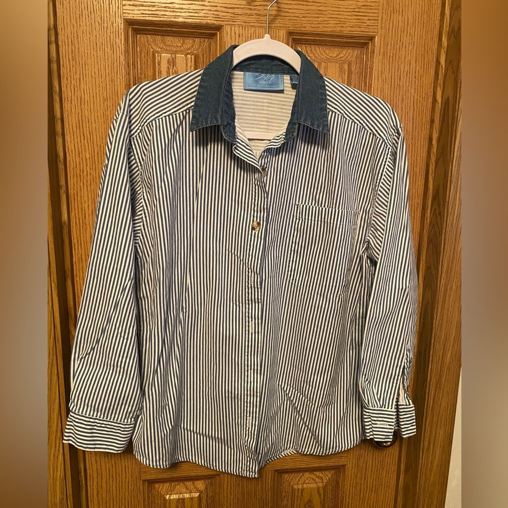 Striped Button-Up Shirt with Denim Collar